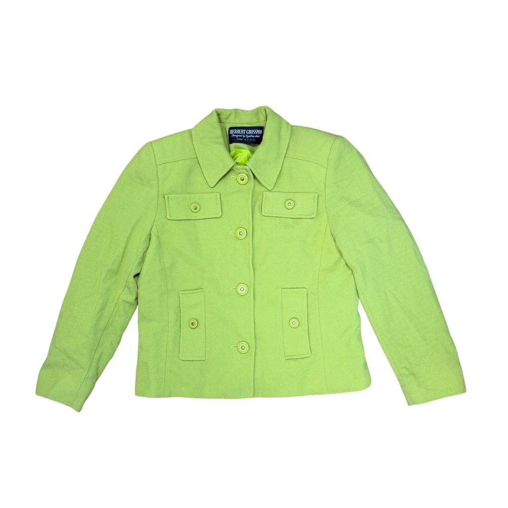 Vintage Herbert Grossman Lime Green Cropped Wool Blazer Tweed Jacket 90S Y2K